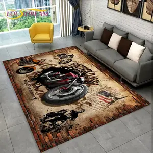 Vintage2D Motorcycle Flannel Area Rug - Retro Biker Brick Border Print Soft Mat for Living Room & Garage, Non-Slip Motorbike Home Decor #VintageMotorcycleRug #2DBikerMat #GarageHomeDecor #RetroMotorbikeCarpet #NonSlipFlannelRug