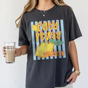 BojjiCo Easy Peasy Lemon Squeezy Graphic T-Shirt Women Summer Y2K Quirky Indie Sleaze Oversized Fit Short Sleeve Tee Retro Cute Trendy Meme Top Casual Vacation Cotton Streetwear Fun Sarcastic Humor Quote Apparel