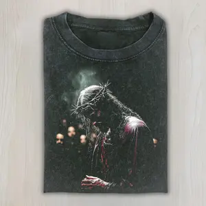 Jesus Crown Of Thorns T-Shirt, Passion Of Christ Graphic, Vintage Acid Wash Faith Tee, Gothic Christian Streetwear, Unisex Cotton Crewneck T-Shirt Menswear Womenswear Streetwear Top