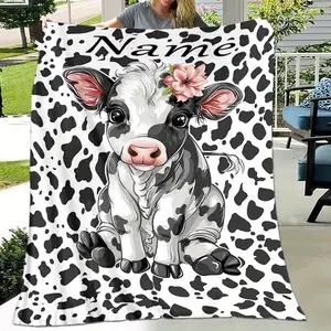 Personalized Custom Name Soft Blanket, Cow Pattern Soft Flannel Blanket, Memorable Soft Blanket Perfect Holiday Gift for Friends, Family and Classmates, Multipurpose Cozy Blanket for Napping, Camping and Travel