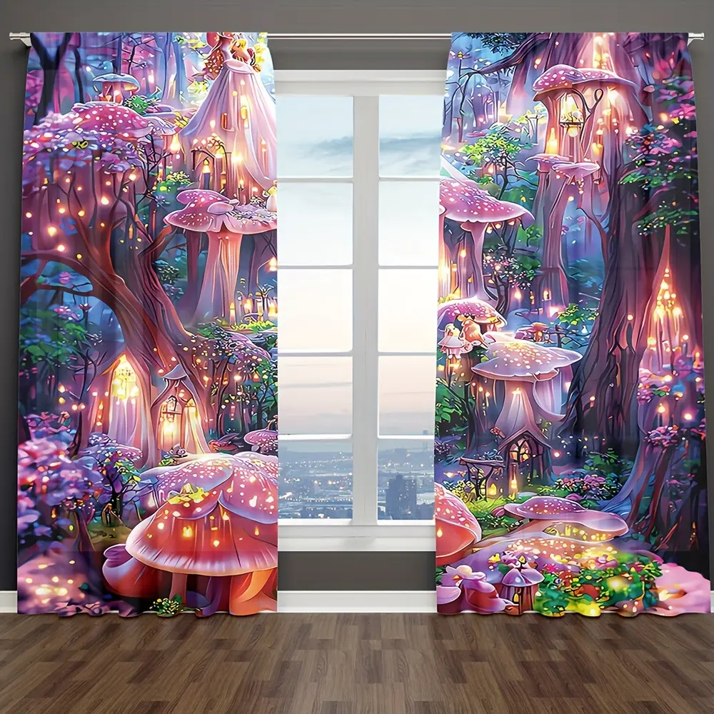 2pcs Modern Mushroom Print Forest Magic Polyester Curtains - Semi-Transparent, Slightly Thinner, Pocket Rod Installation, Digital Printed, Fade Resistant, Machine Washable, Indoor Home Use, for Living Room, Kitchen Room Decor