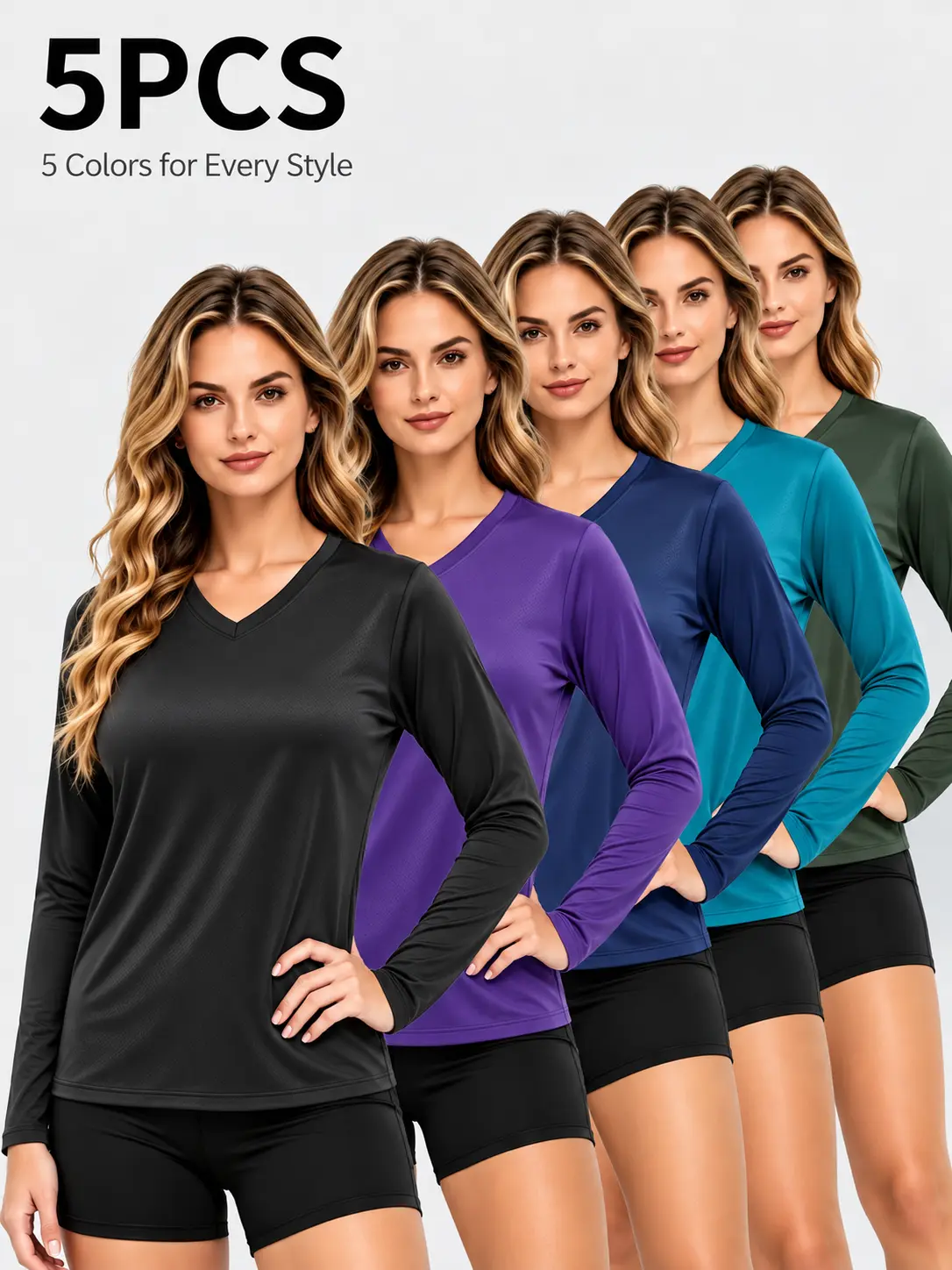 Women’s 5-Piece Fine-Mesh V-Neck Long Sleeve Tops, Lightweight Relaxed-Fit Casual Layering Set for Everyday Wear Womenswear Tshirt