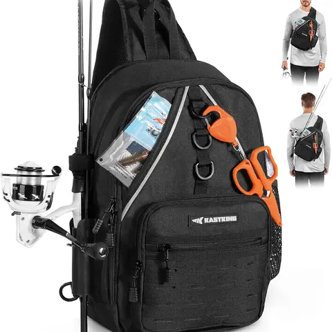 KastKing Karryall Fishing Sling Bag With Rod Holder, Fishing Gear Storage | Fishing Backpack Storage Fishing Gear, Black