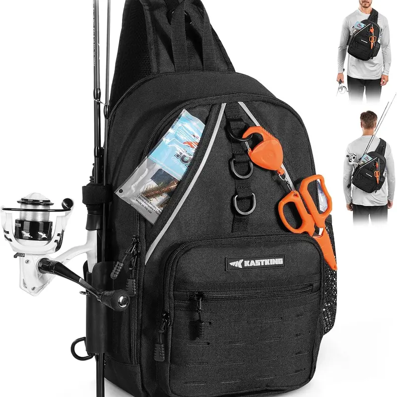KastKing Karryall Fishing Sling Bag With Rod Holder, Fishing Gear Storage | Fishing Backpack Storage Fishing Gear, Black