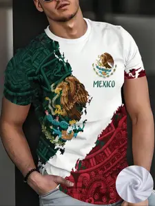 Men's Mexico Flag 3D Print Eagle Graphic Fitted Short T-Shirt, Aztec Eagle Cultural Theme Unisex Tee, Plus Size, Sporty Style, All Seasons