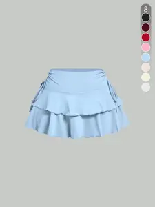 Women's Solid Ruffle Trim Tie Side Skirt, Casual Sporty Skirt, Casual Fashion Short Skirt for Daily Outdoor Wear, Ladies Bottoms for Summer