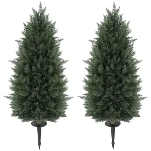 HOMCOM 2-Piece 43.3 in UV-Resistant Artificial Cedar Topiary Plant Set, Indoor-Outdoor Faux Pine Shrubs with Ground Stakes for Garden, Porch Decor