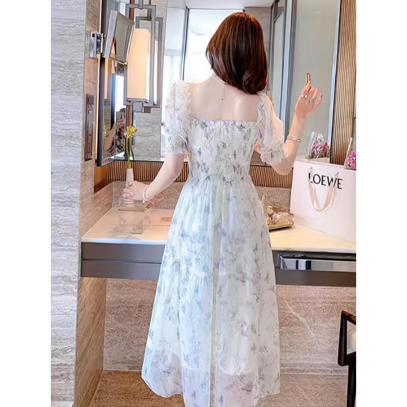 Women'S Mid Length Floral Dress With Fashionable Waist, Slim Square Collar, Cute Bubble Sleeves, High Waisted Skirt For Spring And Summer Fit White summer outfits sundress prom dress Polyester Fabric Casual Womenswear Shortsleeve