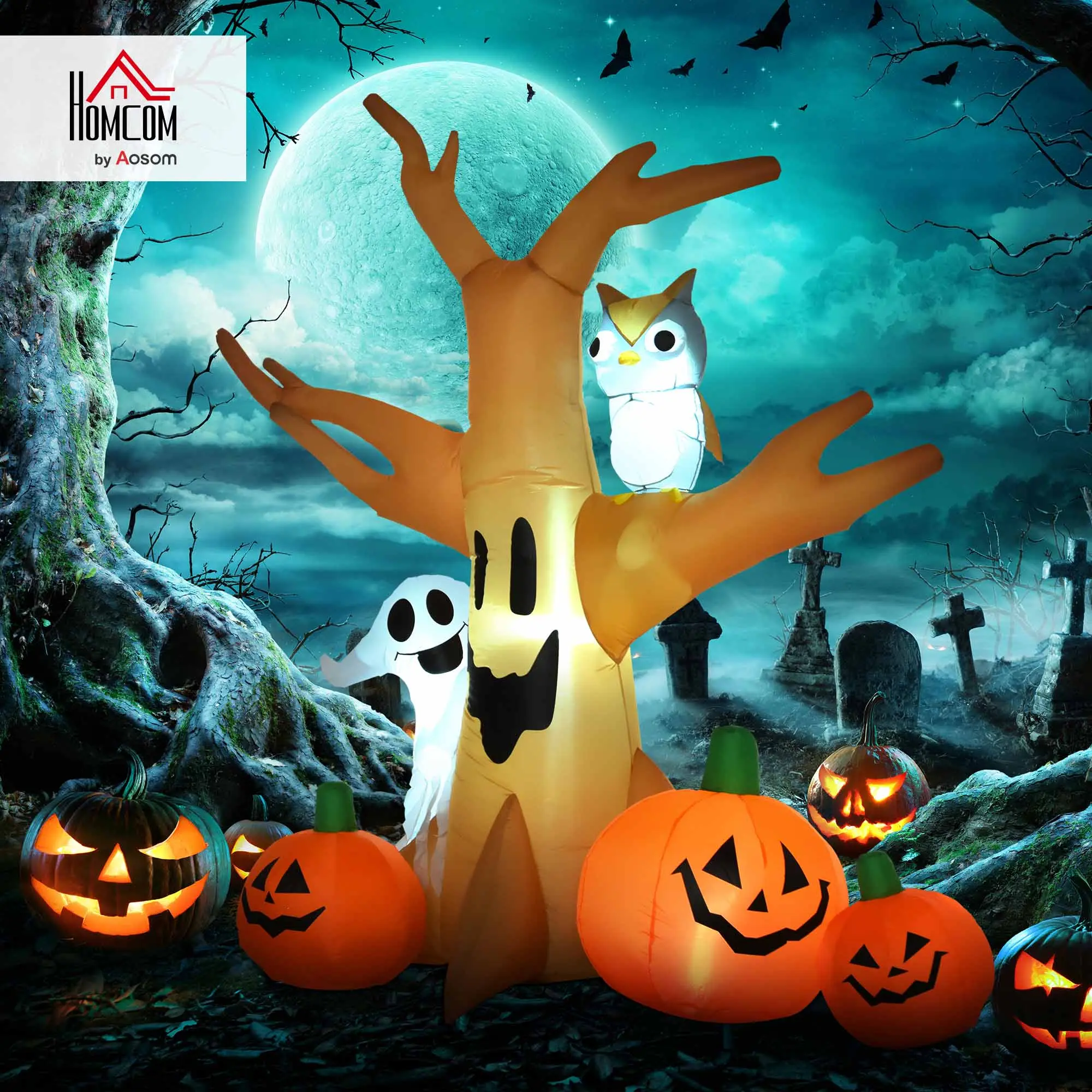 #tiktokshopbacktoschool HOMCOM 7.5' Tall Lighted Halloween Inflatables Outdoor Decorations Haunted Tree With Owl, Ghost, Pumpkins, Blow Up LED Yard Decor for Garden, Lawn, Party, Holiday, Waterproof