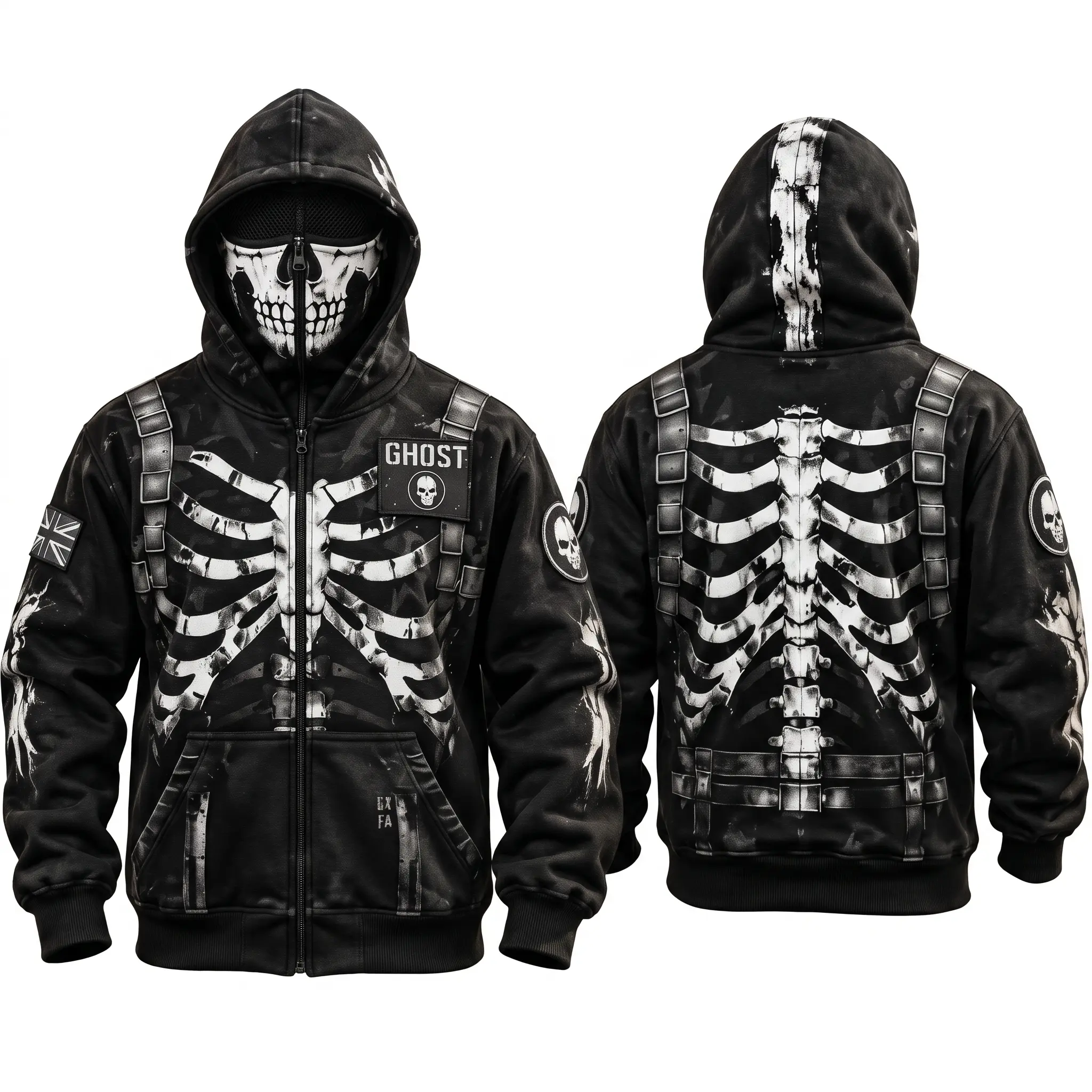 COD Ghost Skeleton Full Zip Up Hoodie with Face Mask Tactical Gamer Streetwear Jacket for Men