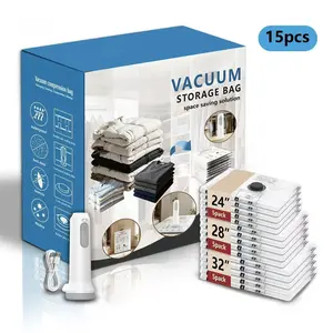 [2026 Upgraded] X8 Cordless Travel Vacuum Storage Compression Bag Set – 15-Pack in 3 Sizes – USB Rechargeable Handheld Pump with Built-In Battery – Waterproof & Reusable Space Saver for Clothes & Packing, Perfect for Carry-On Suitcases