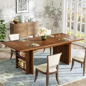LITTLE TREE Farmhouse Dining Table for 6 to 8, 63-Inch Rectangular Wooden Kitchen Table with Storage, Industrial Dinner Table with Shelves for Dining Room, Kitchen, Living Room