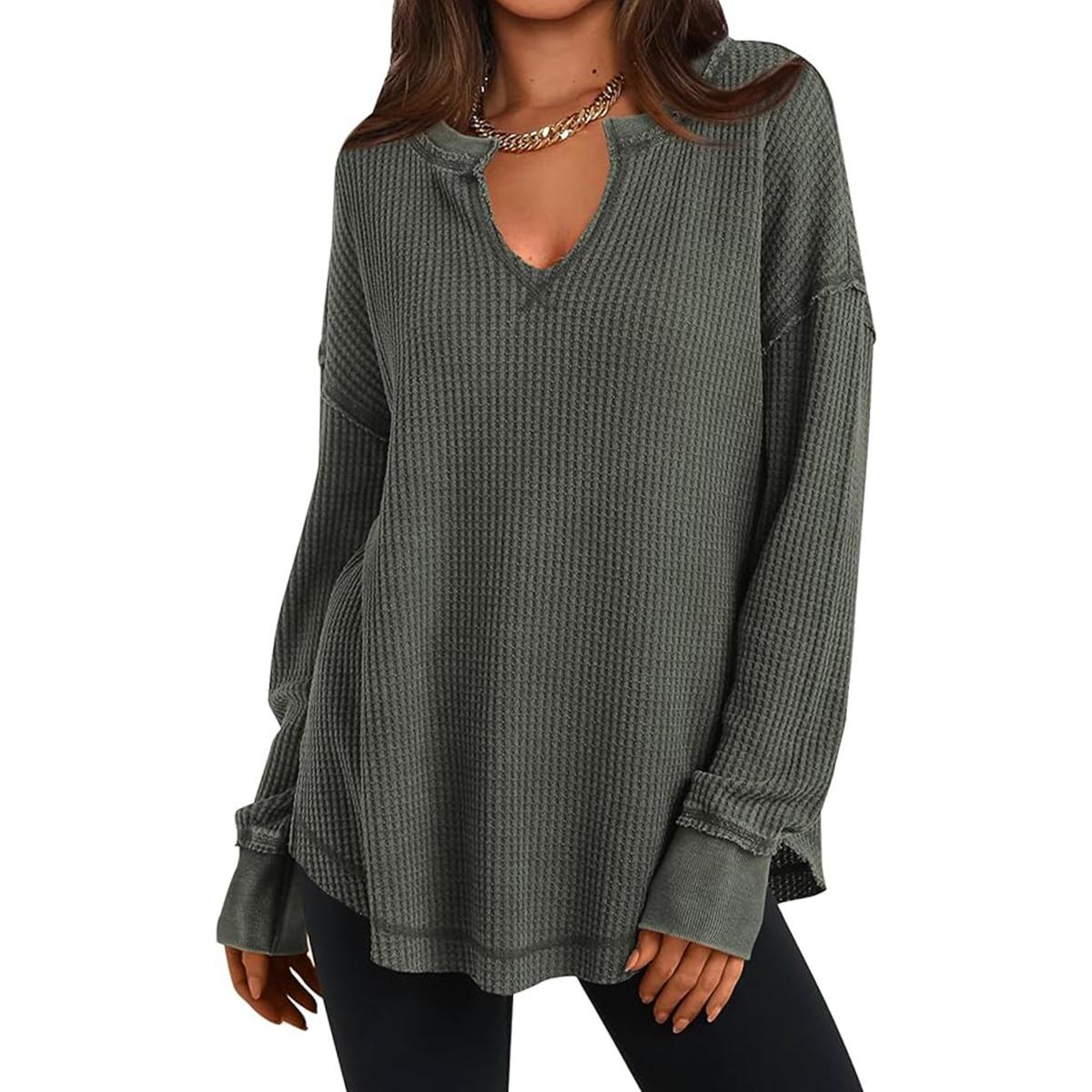 PRETTYGARDEN Grey Green Waffle Knit Long Sleeve V Neck Pullover Drop Shoulder Oversized Fall Top Comfy Womenswear Knitwear Sweater