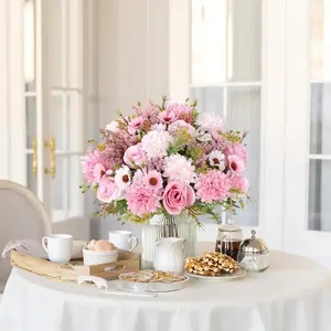 Realistic Floral Bouquet, Silk Rose with Daisy Chrysanthemum Flower Arrangement, Centerpiece for Wedding Party Home Spring Summer Decor, 4 Pieces