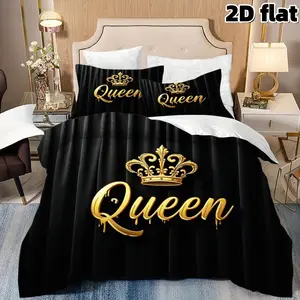 2D Flat 3Pcs Luxury Royal Queen Crown Bedding Black Gold Elegant Duvet Cover Modern Stylish Bedroom Decor Microfiber Quilt Cover with Pillowcases Shiny Metallic Print Decorative Bedding Set Home Decoration Gift for Women Bed Sets