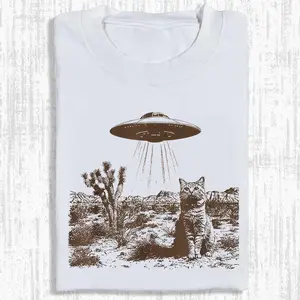 UFO Cowboy Cat Unisex Vintage Crew Neck Regular Fit Cotton Fabric Casual Comfort Breathable Short Sleeve Funny T-shirts Fashion Men&Women's Top for Daily Wear 091307