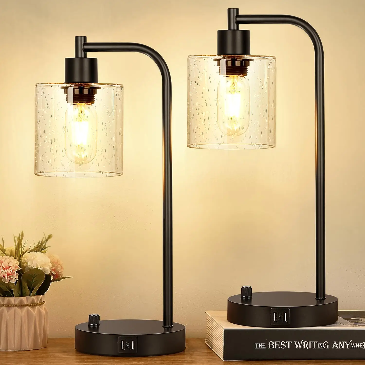 【Memorial Day】2 Pack 17" Industrial Table Lamps with 2 USB Port, Home Decor,Fully Stepless Dimmable Lights for bedrooms, Reading Living Room,Bedside N
