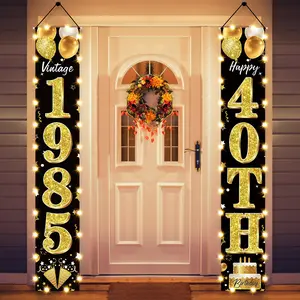 40th Birthday Banner LED Decorations - Black Gold Vintage 1985 Door Banners, 40 Years Party Supplies Indoor Outdoor
