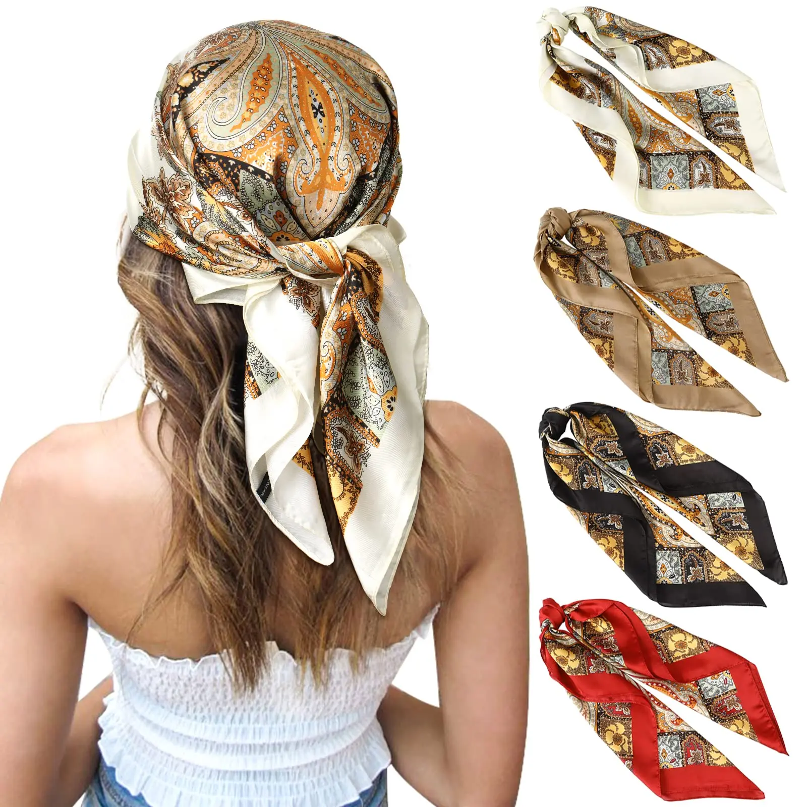 4 Pieces Women Large Satin Scarf Square Wraps Silk Feel, Vintage Print Bandana for Hair, Head, Neck, Soft Lightweight Big Bandana Scarves for Daily Wear