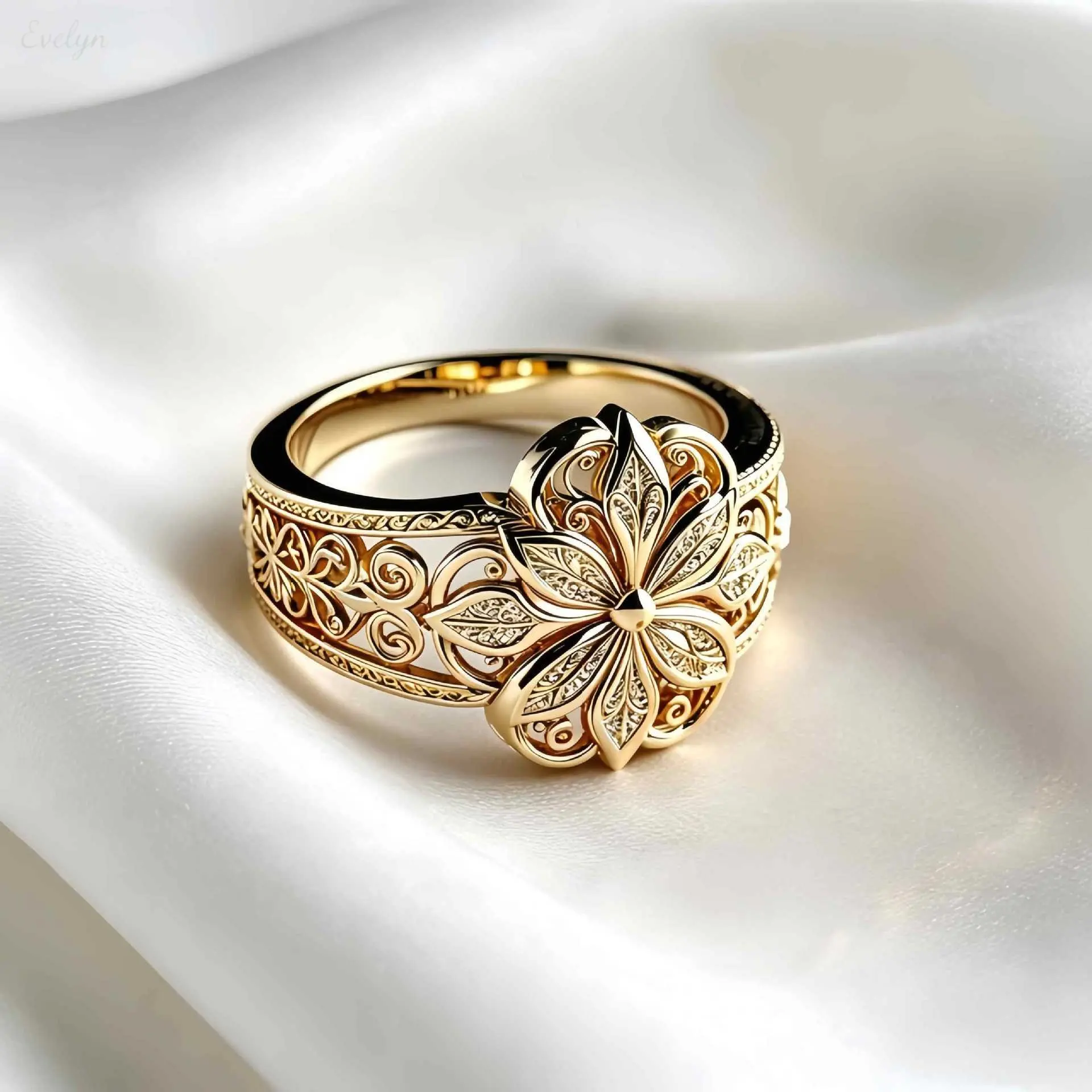 Gold Tone Ornate Floral Statement Ring, Intricate Filigree Band with Diamond Accents, Luxe Vintage-Style Jewelry for Formal & Everyday Wear