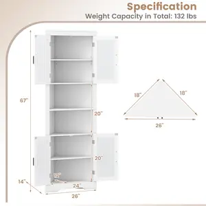 COSTWAY - 67 Inch Tall Corner Cabinet Triangular Buffet Cabinet with Tempered Glass Doors-White