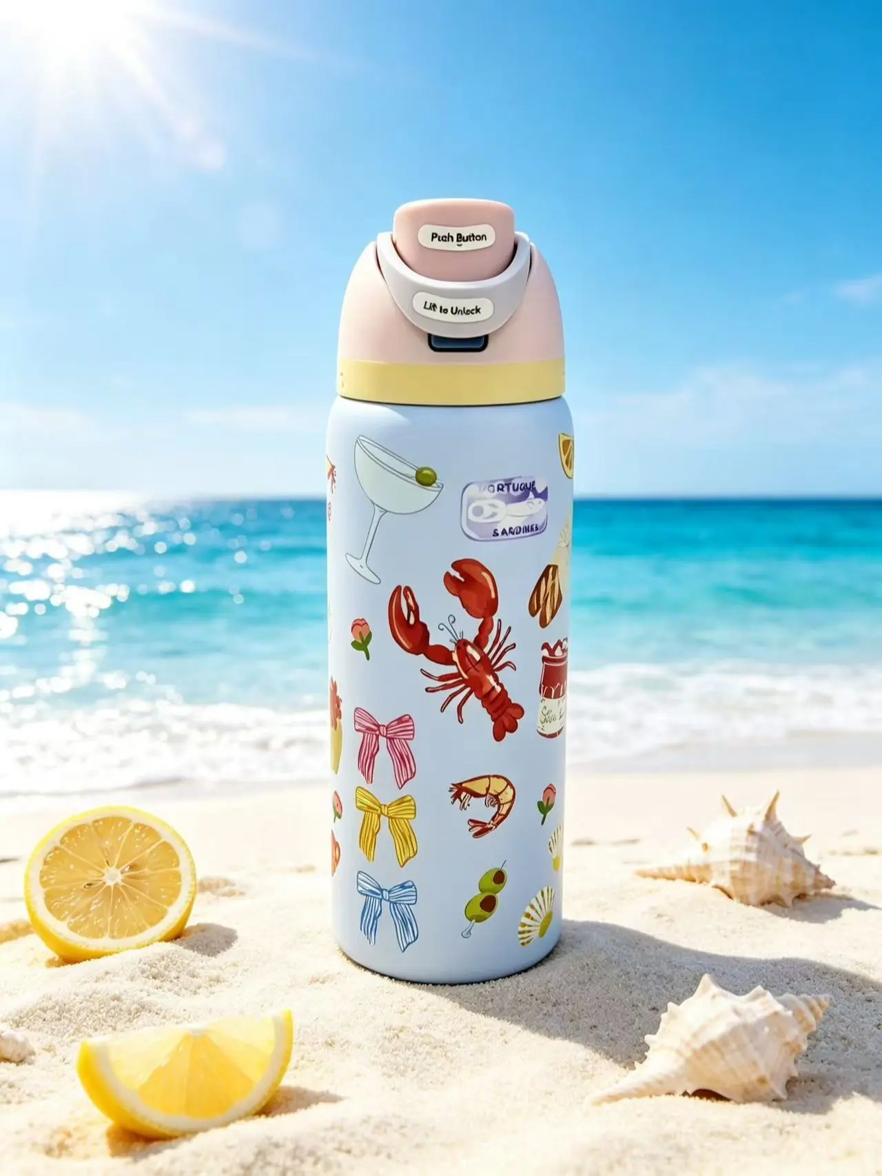 Owala 32oz Stylish Pastel Blue Coastal Lobster & Ribbon Bow Stainless Steel Thermal Flask - Vacuum Insulated Leak-Proof Flip-Top Push-Button Flip-Lock Water Bottle for Summer Beach Days