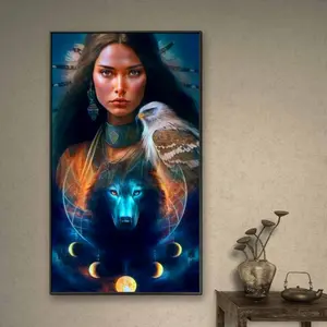 Indian Girl & Wolf Pattern DIY Diamond Art Painting Kit without Frame, DIY 5D Diamond Arts Painting Kit, Wall Art Decor for Home Living Room Bedroom