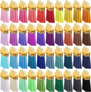 200 Pieces Keychain Tassels Bulk Leather Tassel Colored Tassel Pendants for DIY Keychain and Craft, 40 Colors (Gold Cap)