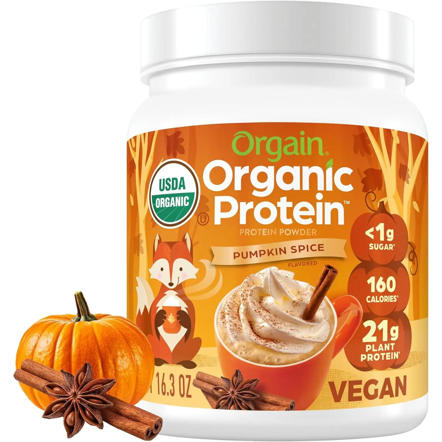 Orgain Organic Vegan 21g Protein Powder, Pumpkin Spice, 1.02 lb | Plant based protein, seasonal flavor, 5g prebiotic fiber, no added sugar or lactose, non-GMO, for shakes & smoothies Supplement