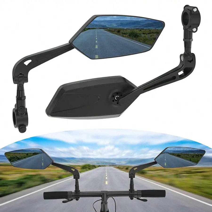 Black Diamond-Shaped Motorcycle & Cycling Bike Mirrors, 360-Rotation Adjustable Angle HD Blast-Resistant Glass, 20-24mm Handlebar Compatible, Mounting Tools Included, For Outdoor Riding Enthusiasts