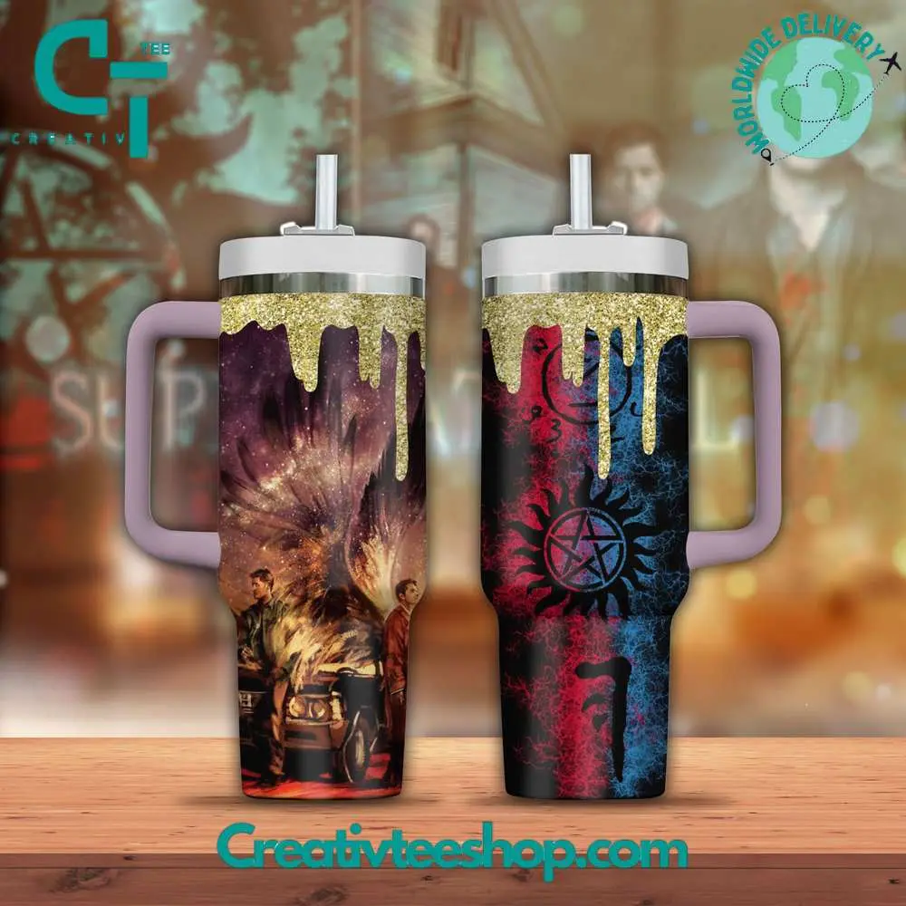 Supernatural Dean & Sam Winchester 40oz Tumbler with Handle & Straw, Anti-Possession Symbol Insulated Cup, Impala Hunter Travel Mug, Carry On Wayward Son TV Series Fan Gift