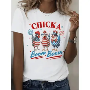 Chicka Boom Boom Patriotic Chicken Rooster Cotton T-shirt Fourth Of July American Flag Stars Stripes Independence Day Celebration Humorous Whimsical Gift Clothing