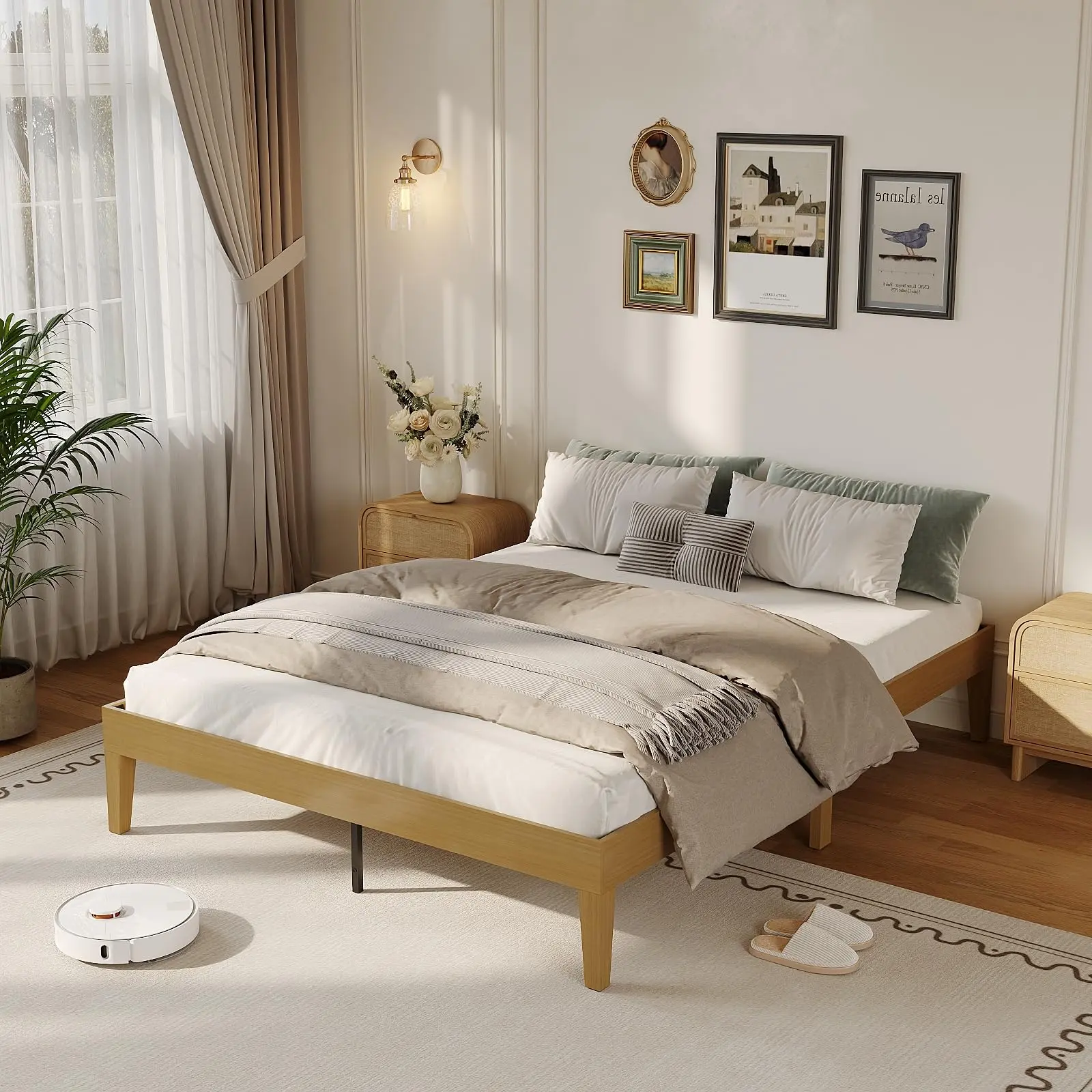 Queen Size Bed Frame,14 Inch Natural Sturdy Wood Platform Bed Without Headboard,Wooden Bed Frame with Strong Wood Slats Support,No Box Spring Needed,Noise-Free,Easy Assembly,Natural mat clean wlm tractor metal garage all-weather wicker