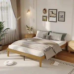 Queen size 14-inch wooden platform bed frame, no headboard design, solid wood slat support, noise-free, no box spring needed, easy assembly, natural wood
