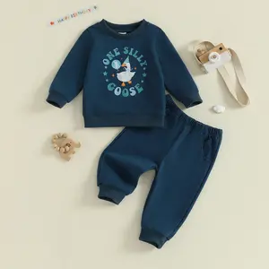 Baby First Birthday Outfit Letter Goose Print Crew Neck Long Sleeve Sweatshirt and Pants 2 Pcs Set