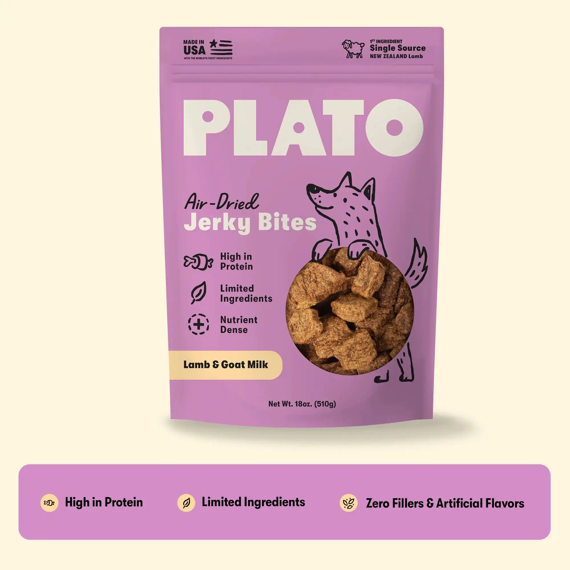 Plato Lamb & Goat Milk Jerky Bites, Premium Nutrient-Rich Grain-Free High-Protein Dog Treats, High Protein Pet Supplies, High Protein Treats, Grain-Free High-Protein Jerky