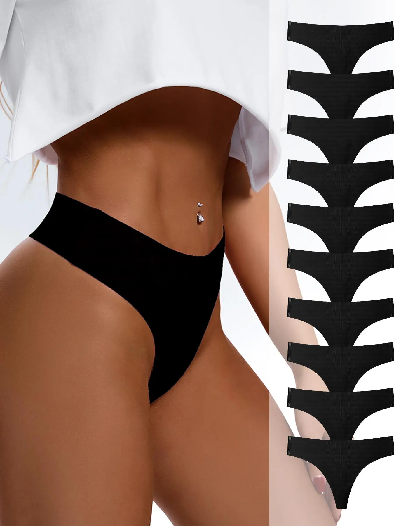 Women's Seamless Thong Underwear, Plain Surface, Natural Waist, Fitted, All Seasons, Comfortable Daily Wear, 9/10/12 Pcs Pack