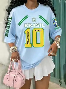 Brazil #10 KING CHAMPION Print T-Shirt For Fans, Retro Jersey Oversized Fit, Soft Breathable Cotton Fabric, Perfect for Daily Outings, Match Day Support & Fan Gatherings