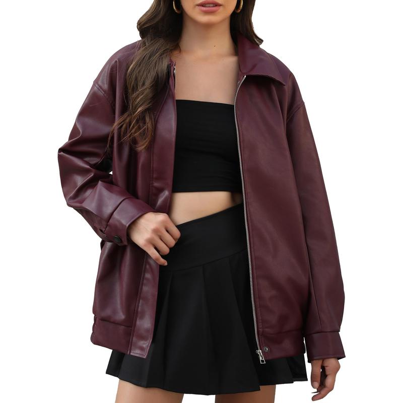 Casly Lamiit Women's Burgundy Faux Leather Jacket Long Sleeve Collared Zipper Oversized Biker Coat Trendy Travel Casual Outfits Basic Outerwear Womenswear Tops