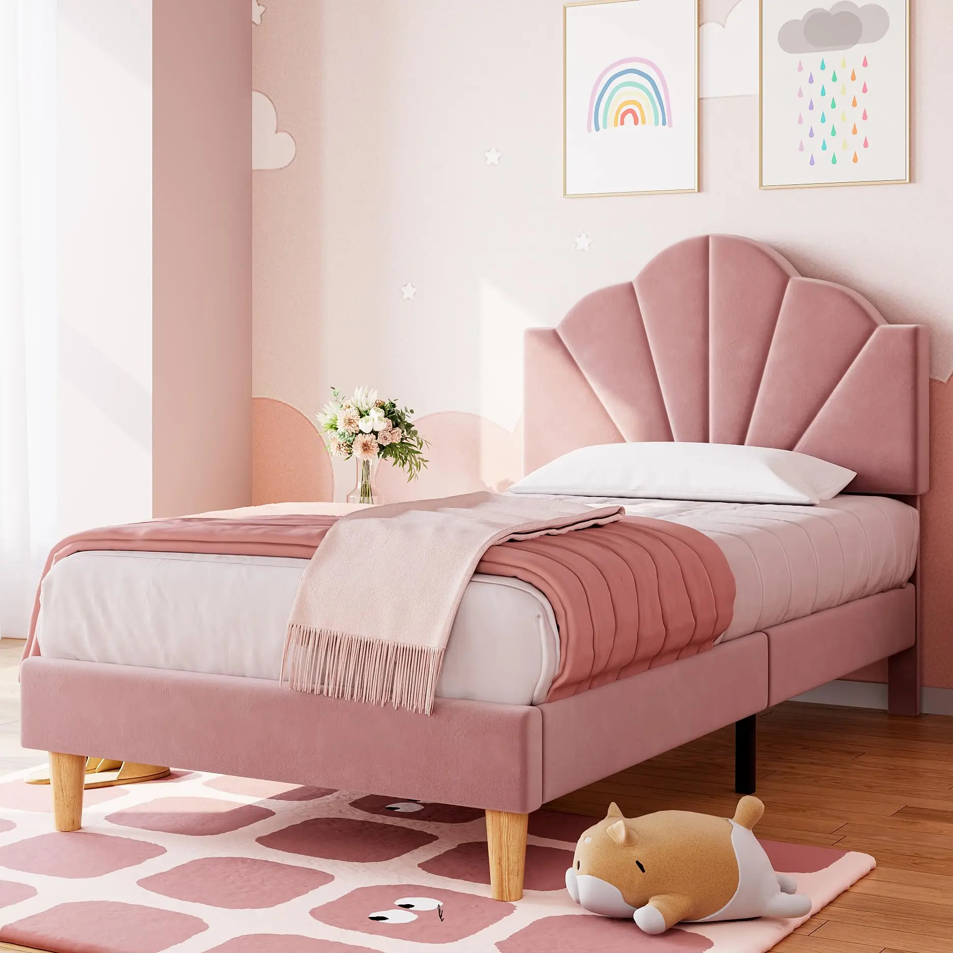 Twin Pink Bed Frame with Shell Headboard, Velvet Upholstered Bed Frame with Adjustable Headboard, Girl Platform Strong Wood Slat Support