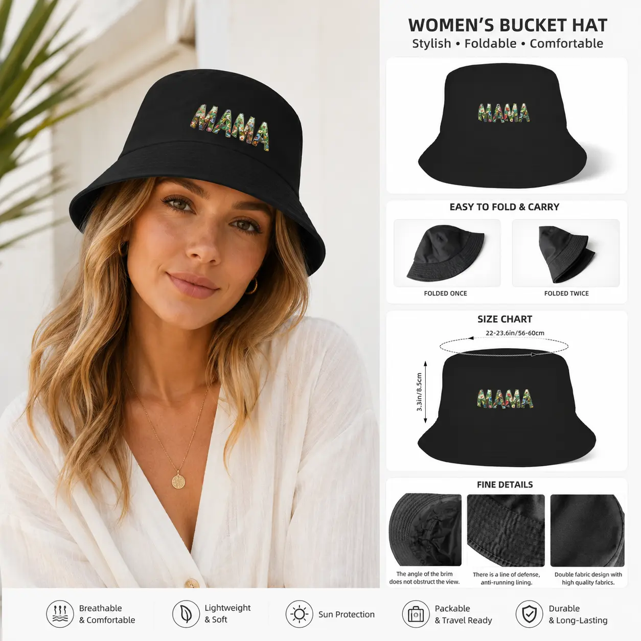 Women's MAMA Floral Letter Bucket Hat - Black, Casual, Lightweight Foldable Packable Sun Hat for Beach, Vacation Wear