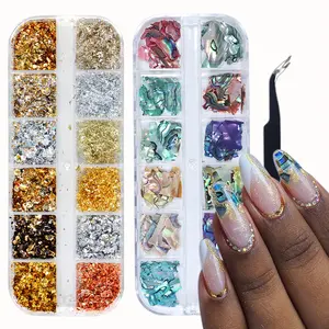 Sparkly Nail Art Kit 2PCS 12 Grids Holographic Glitter Gold Foils Abalone Seashell Sequins Ultra Thin Aluminum Foil 3D Mermaid Shell Slices DIY Manicure Charms with Tweezers