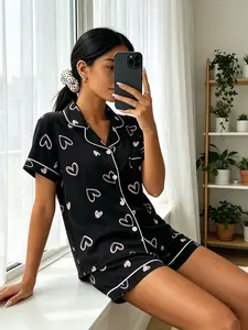 Women's Short Sleeve Pajama Set, Pjs, Base Heart Print, Loose-Fitting Above Knee, Casual All-Seasons Home Wear Nightwear Loungewear