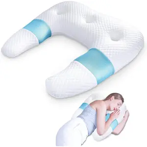 Side Sleeper Pillows for Adults, U Body Pillow for Pain Relief, Orthopedic Shoulder Pillow for Side,Stomach, Back, Arm with Removable Washable Cover (Version), Blue