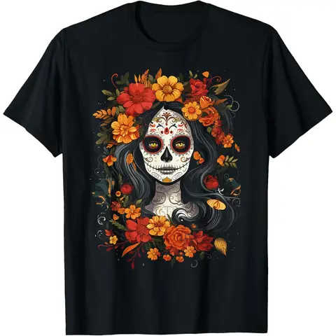 Short Sleeve  T-Shirt De Los Muertos La Catrina Day of the Dead Sugar Skull T-Shirt Classic Fabric