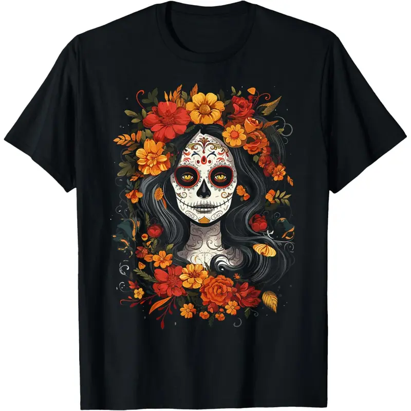 Short Sleeve T-Shirt De Los Muertos La Catrina Day of the Dead Sugar Skull T-Shirt Classic Fabric