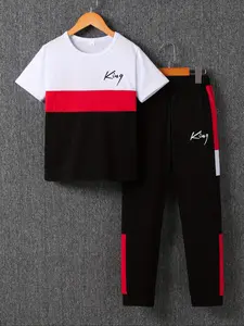 Two-piece Set Boy's Colorblock Letter Print Short Sleeve Tee & Pants Set, Casual Round Neck T-shirt & Trousers for Summer, Kids Clothes for Daily Wear, Cute Clothes, Youth Kits, Sweatpants