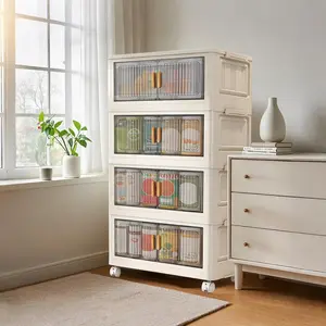 4 Tier Storage Bins with Lids Stackable Plastic Storage Drawers for Closet Home Office or Dorm Room with Rolling Wheels Boxes Cover Organiser Smooth