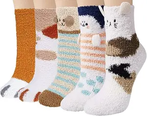5 Pairs Womens Fuzzy Socks Winter Warm Fluffy Soft Slipper Home Sleeping Cute Animal Socks