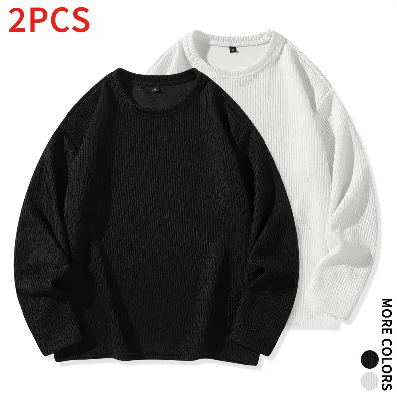 Men's #SohoChic 2-Pack Waffle Knit Long Sleeve Tops - Unisex Menswear Plain Basic Longsleeves for Simple Casual Outfits